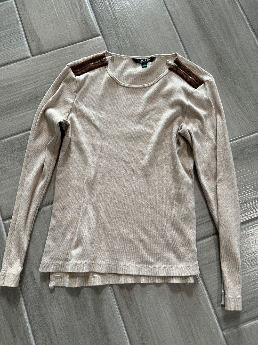 Lauren Ralph Lauren Beige Top with Brown Shoulder Zippers
